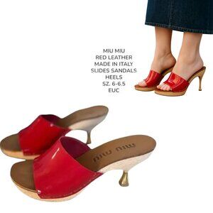 2000's VTG. authentic Miu Miu red leather platform slides sandals sz. 6- 6.5 euc